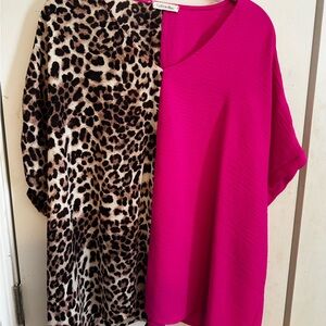 Cotton Ruby Pink and Leopard Print Women's Top